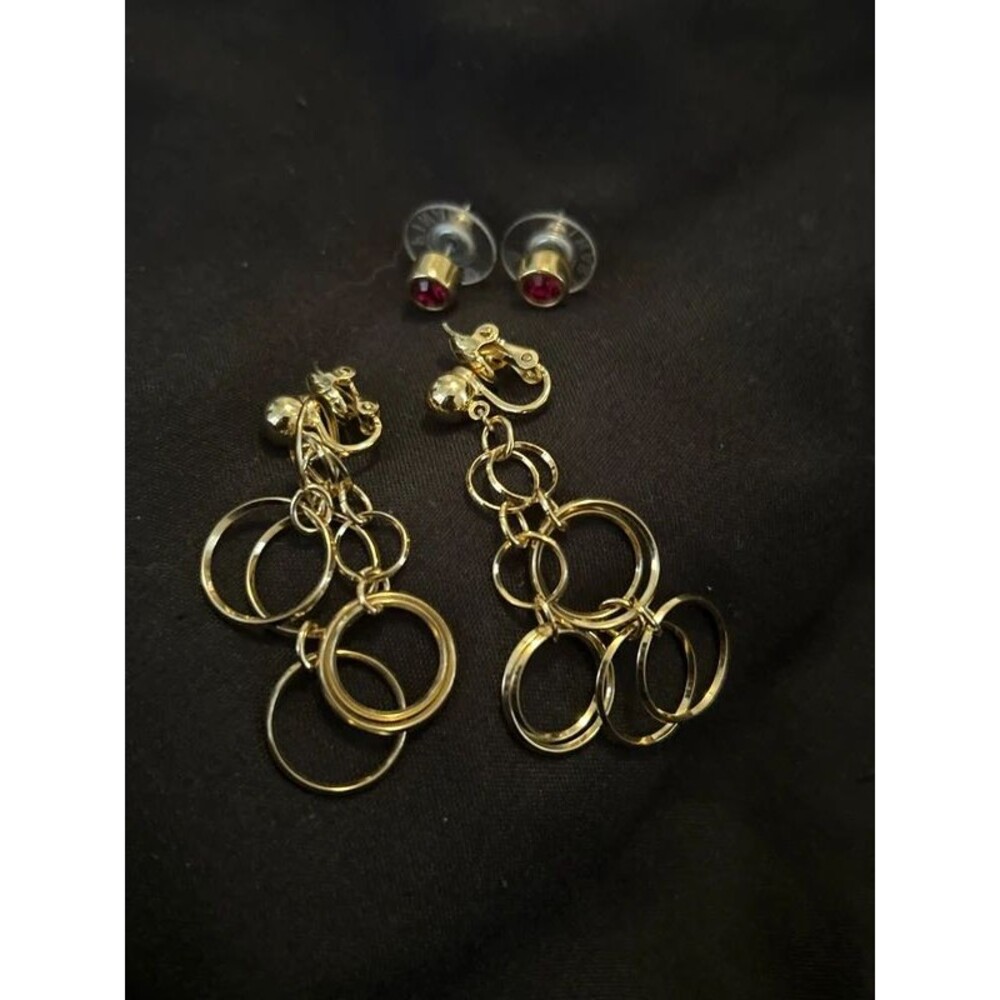 Vintage Trifari Gold Tone Circle Dangle Earrings with Burgundy Rhinestone Studs